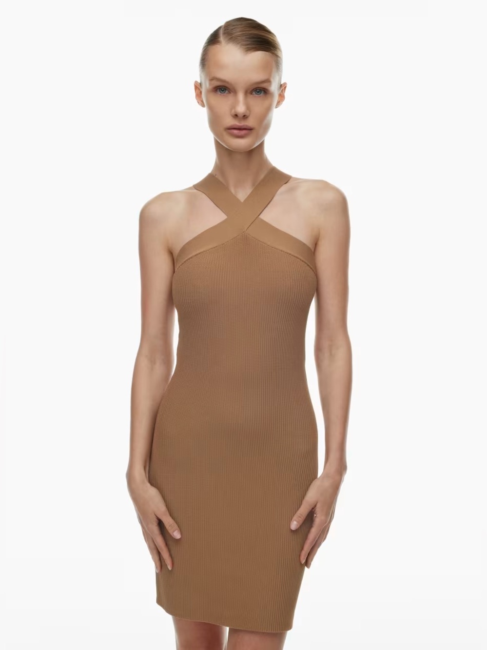 Babaton Ribbed Bodycon Dress in Camel